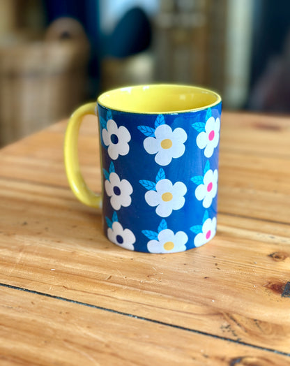 Retro Floral 11oz Ceramic Mug - Midnight Navy with Yellow.