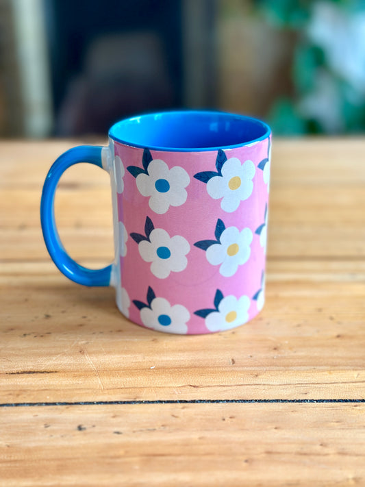 Retro Floral 11oz Ceramic Mug - Rose Pink with Blue