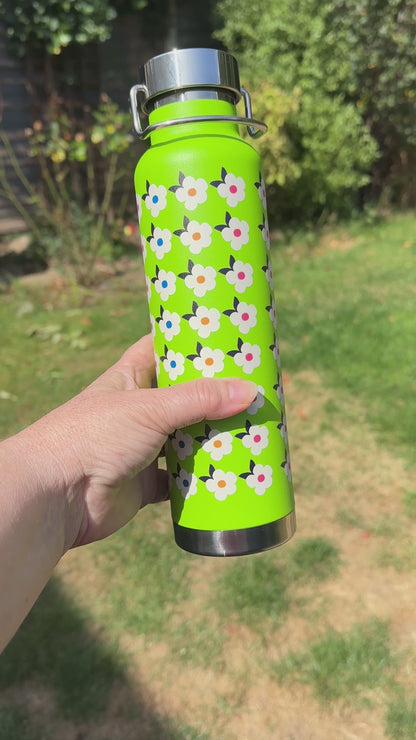 650ml Copper Insulated Retro Floral Print Water Bottle Lime Green / Navy - Enamelhappy