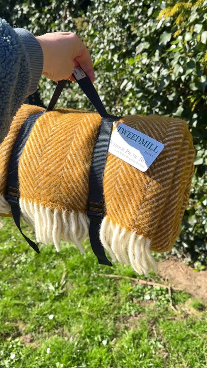 Polo Picnic Rug Blanket English Mustard/Navy Fishbone Weave and Navy Strap