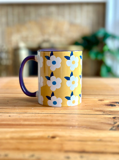 Retro Floral 11oz Ceramic Mug - Honey Yellow with Purple - Enamelhappy