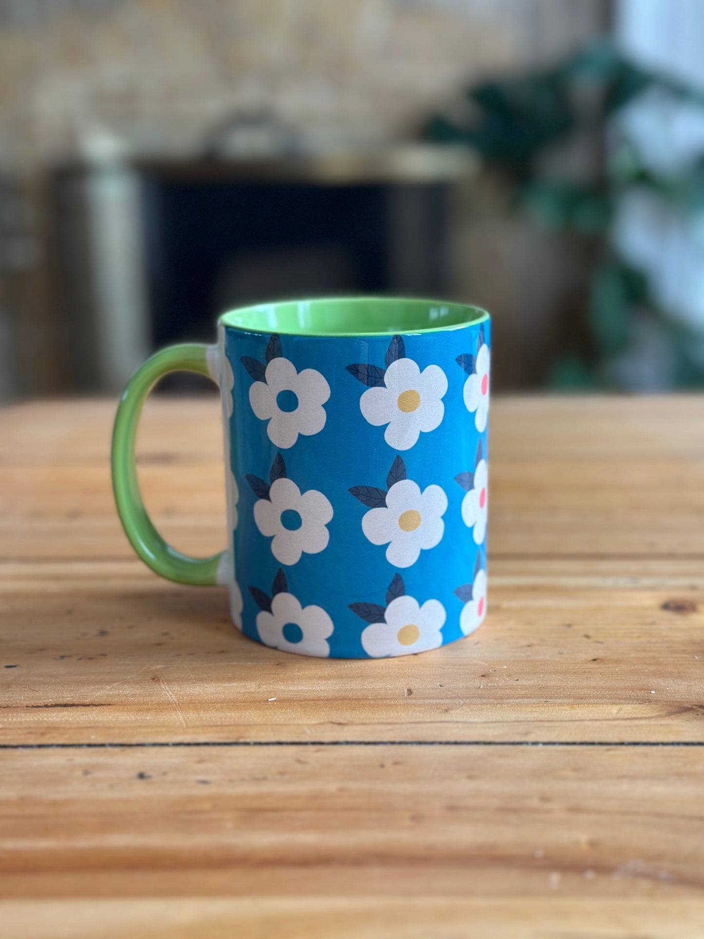 Retro Floral 11oz Ceramic Mug - Ocean Blue with Green - Enamelhappy