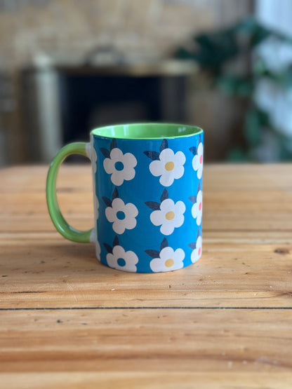 Retro Floral 11oz Ceramic Mug - Ocean Blue with Green - Enamelhappy