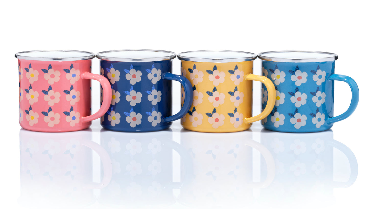 A Set of Four Beautiful Enamel Mugs in our Stunning Retro Vintage Floral - Honey Yellow Rose Pink Ocean Blue Midnight Blue  Edit alt text