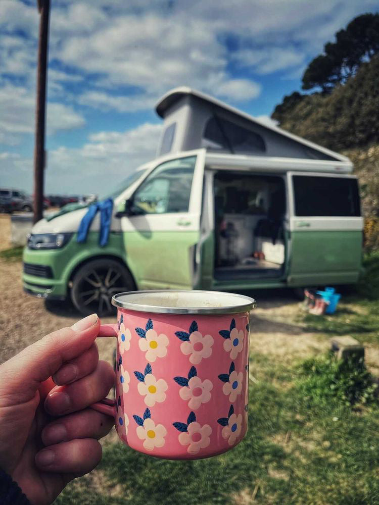 Beautiful Enamel Mug Stunning Retro vintage Floral - Rose Pink  - Customer Photograph Camping Camper