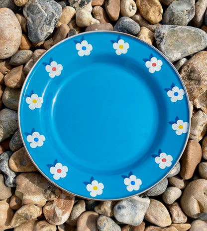 Pretty Camping Set Enamel Plate and Mug - Colourful Retro Flowers -Enamelhappy