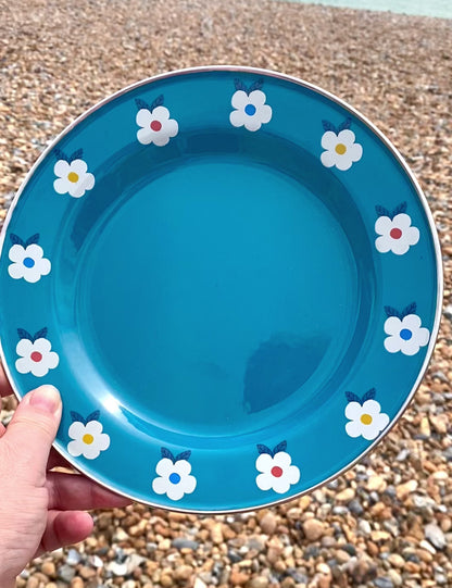 Pair of Beautiful Enamel Plates In Ocean Teal Blue Retro Floral - Enamelhappy