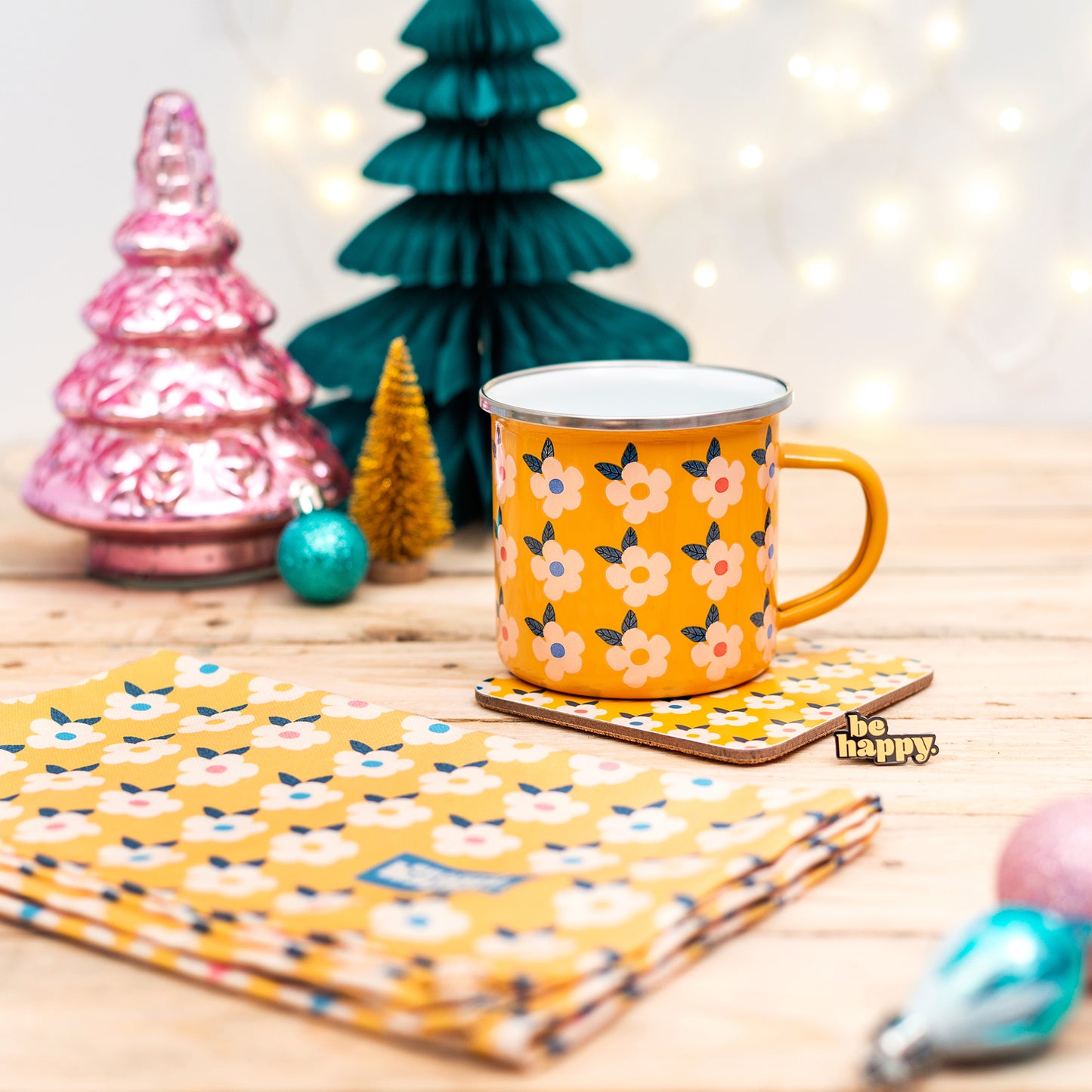 HONEY YELLOW GIFT SET For Her Retro Floral Enamel Cup - Campervan Tin Mug