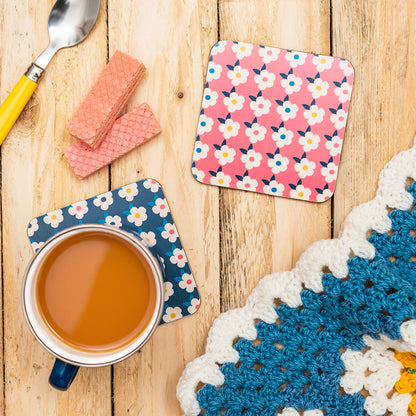 Retro Floral Coasters in Colourful Rose Pink and Midnight Blue