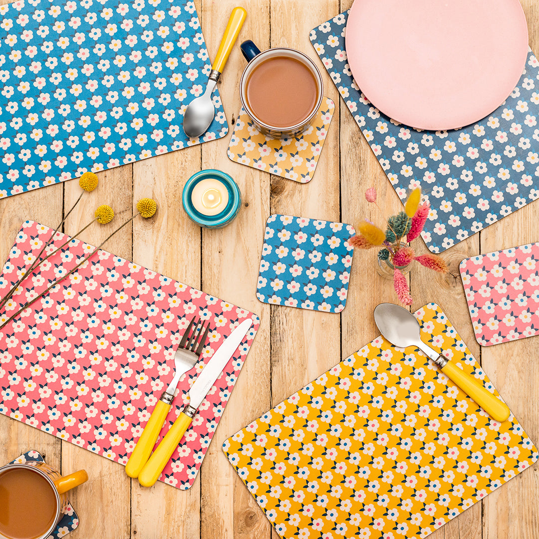 Set of four Retro Floral Colourful Placemats - Rose Pink, Honey Yellow, Ocean Blue and Midnight Navy - Cork backed  