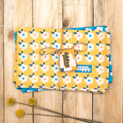 Pair retro floral tea towels in honey yellow and ocean blue