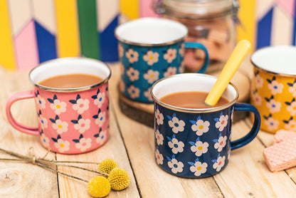 Set of Four Beautiful Enamel Mugs in our Colourful Stunning Retro Vintage Floral - Honey Yellow Rose Pink Ocean Blue Midnight Blue 