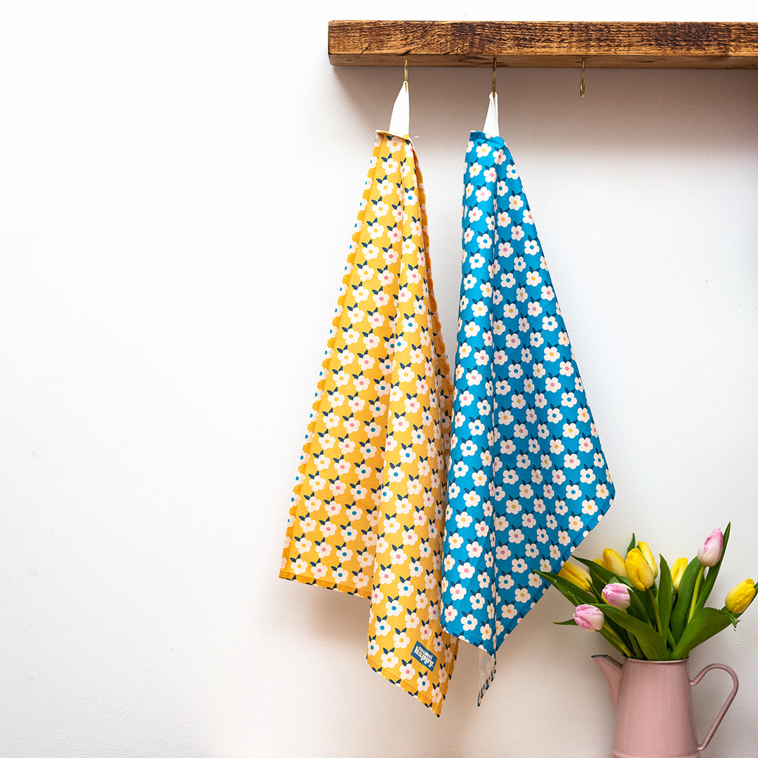 Colourful tea towels Retro floral blue and yellow with hanging loop