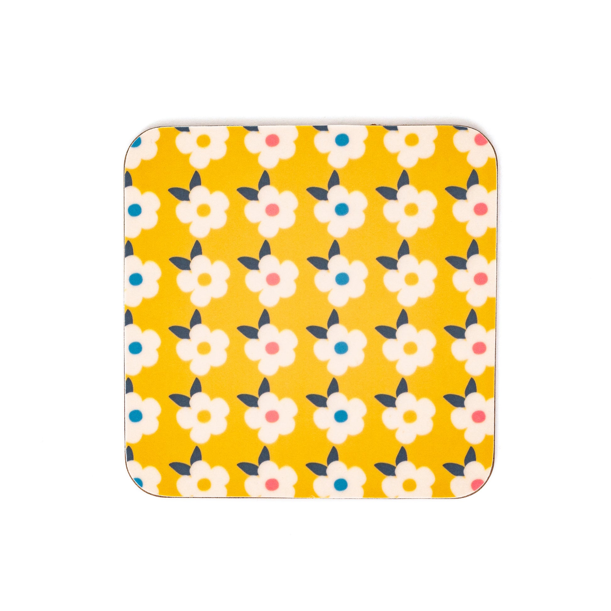 Pretty Honey Mustard Yellow Coaster Retro Flower Print  - Cork backed