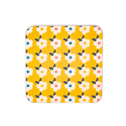 Pretty Honey Mustard Yellow Coaster Retro Flower Print  - Cork backed