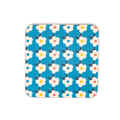 Pretty Ocean Teal Blue Coaster Retro Flower Print