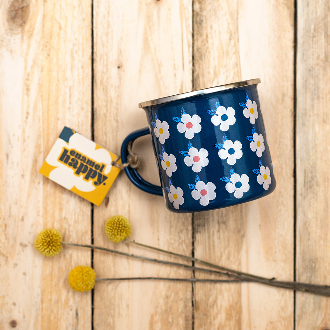 Beautiful Midnight Navy Blue Enamel Mug in our Colourful Stunning Retro Vintage Floral - Enamelhappy 