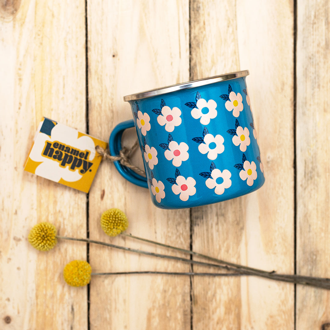 Beautiful Ocean Blue Enamel Mug in our Colourful Stunning Retro Vintage Floral - Enamelhappy  