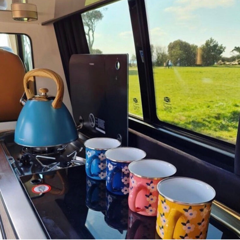 Set for Four Enamel Plates & Mugs Pretty Colourful Enamelware - Enamelhappy