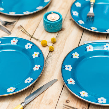 Pair of Beautiful Enamel Plates In Ocean Teal Blue Retro Floral - Enamelhappy - Enamelhappy